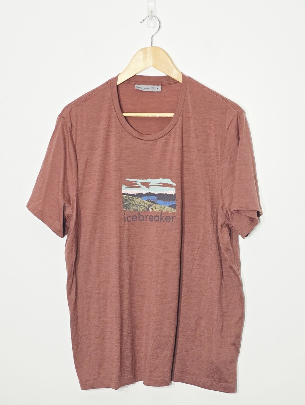Icebreaker Rust Mountain Lake Graphic Short Sleeve 100% Wool T-Shirt Size XL
